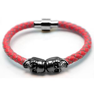 Leren armband Twin Skull Grijs Rood