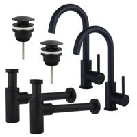 Fortifura Calvi Wastafelkraanset - voor dubbele wastafel - hoge wastafelkraan - draaibare uitloop - klikwaste plug - design sifon - Mat zwart 2x SW809347/2x SW696199/2x SW696210