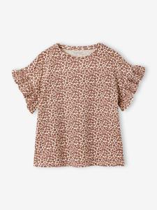 Geribd meisjes-T-shirt met bloemenprint beige