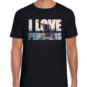 Tekst t-shirt I love penguins met dieren foto van een pinguin zwart voor heren