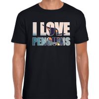 Tekst t-shirt I love penguins met dieren foto van een pinguin zwart voor heren