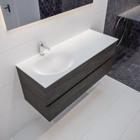 Mondiaz Vica Moon badmeubel eiken donker bruin 120 cm 4 lades solid surface enkele spoelbak links 1 kraangat