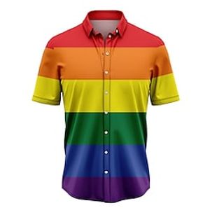 Voor heren Overhemd Hawaiiaans overhemd Regenboog Grafische prints Strijkijzer Zwart / Rood Zwart Rood Regenboog Straat Casual Korte Mouw Afdrukken Button-omlaag Kleding Tropisch Modieus Hawaii Lightinthebox