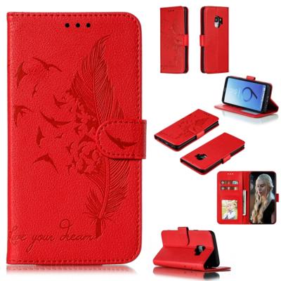 Feather patroon Litchi textuur horizontale Flip lederen draagtas met portemonnee & houder & kaartsleuven voor Galaxy S9 (rood)