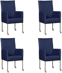 Set van 4 Blauwe leren moderne eetkamerstoelen Spark - poot rond rvs met wiel - Toledo Leer Kobalt (blauw leer)