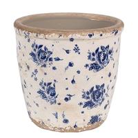 Clayre & Eef Bloempot Binnen Ø 15x14 cm Beige Blauw Keramiek Roosjes