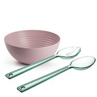 Salade serveer schaal - roze - kunststof - Dia 25 cm - inclusief sla couvert/bestek - Serveerschalen