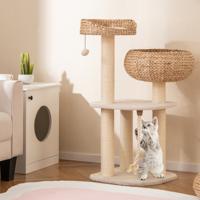 104 cm Houten Kattenboom met Zitstaaf & Mand & Sisalpalen Krabpaal Klimboom Beige