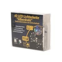 Draadverlichting zilver met warm witte LED lampjes 6 meter op batterijen met timer - thumbnail