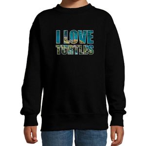 Tekst sweater I love turtles met dieren foto van een schildpad zwart voor kinderen