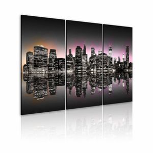 Schilderij - New York City - De stad die nooit slaapt, Zwart-Wit/Roze/Oranje, 3luik, premium print