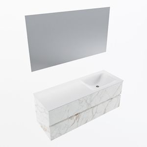 MONDIAZ VICA 130cm badmeubel onderkast Carrara 2 lades. Wastafel CLOUD rechts 1 kraangat, kleur Talc met spiegel LED.