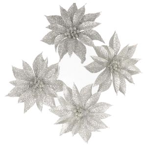 4x stuks kerstboom decoratie bloemen op clip zilver glitter 9.5 cm