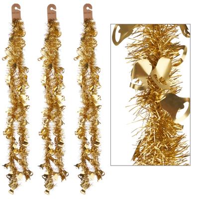 Lametta kerstslingers - 3x - goud - folie - 200 x 12 cm - met kerstklokjes