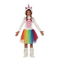 Eenhoorn dieren jurkje - wit - met regenboog kleuren - meisjes - Carnaval outfit - verkleedkleding