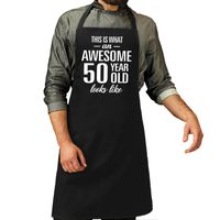 Cadeau schort voor heren - awesome 50 year - zwart - keukenschort - verjaardag - 50 jaar - thumbnail