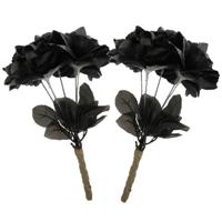 Halloween bloemen boeket - 2x - zwarte rozen - 35 cm - Horror decoratie accessoires