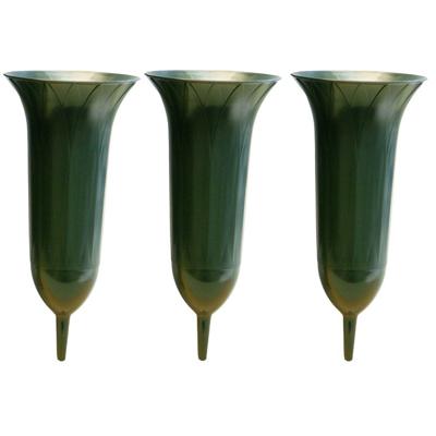 Grafvaas - 3x - groen - 26 cm - kunststof - Grafvazen grafkaarsen - bloemhouder voor graf
