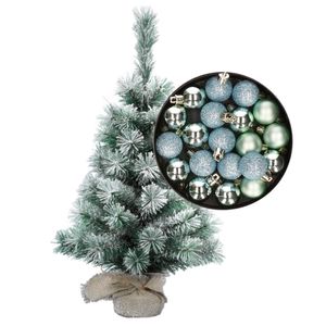 Besneeuwde mini kerstboom/kunst kerstboom 35 cm met kerstballen mintgroen