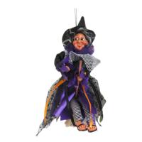 Halloween decoratie heksen pop op bezem - 25 cm - zwart/paars   - - thumbnail