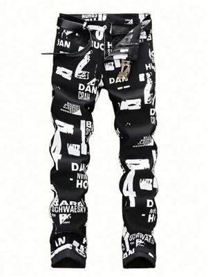 Bon&Bon Men's Letter Print Straight Leg Denim Jeans | Slim Fit Black Black / L