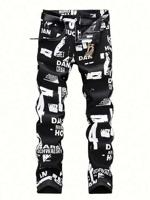 Bon&Bon Men's Letter Print Straight Leg Denim Jeans | Slim Fit Black Black / L