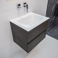 Mondiaz Vica Cloud badmeubel eiken donker bruin 60 cm 2 lades solid surface enkele spoelbak midden zonder kraangat