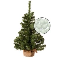 Mini kerstboom groen met verlichting - in jute zak - H60 cm - lichtgroen - Kunstkerstboom