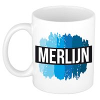 Naam cadeau mok / beker Merlijn met blauwe verfstrepen 300 ml