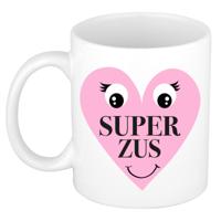 Cadeau koffie/thee mok voor Zus - roze - Super Zus hartje - keramiek - 300 ml