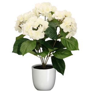 Hortensia kunstplant/kunstbloemen 40 cm - wit - in pot wit glans