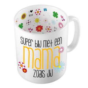 Cadeau koffie/thee mok voor mama - oranje - super blij met mama - keramiek - 300 ml - Moederdag   -