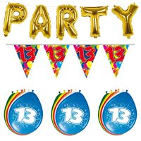 Verjaardag feestversiering 13 jaar PARTY letters en 16x ballonnen met 2x plastic vlaggetjes - thumbnail