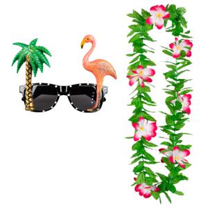 Tropische Hawaii party verkleed accessoires set - Funny zonnebril - en bloemenkrans groen/roze