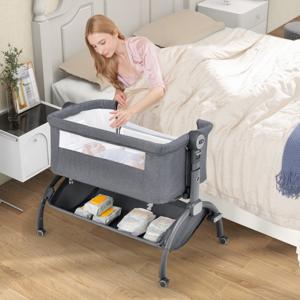 Babywieg met 7-voudige Hoogteverstelling Vergrendelbare Wielen Opbergmand Matras en Zonnekap