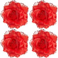 Rode roos haarbloem met glitters - 4x stuks - Hawaii thema haarbloemen - Carnaval/verkleed artikelen