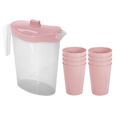 Waterkan/sapkan met deksel roze - 2,5 liter - kunststof - met 8x stuks kunststof glazen 300 ml