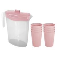 Waterkan/sapkan met deksel roze - 2,5 liter - kunststof - met 8x stuks kunststof glazen 300 ml