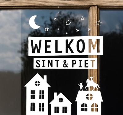 Drie huizen¨welkom sint & piet¨ raamsticker