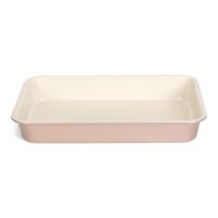 Rechthoekige ovenschaal/braadslede - metaal - 35 x 24 x 5 cm - wit/roze - Ovenschotel schalen