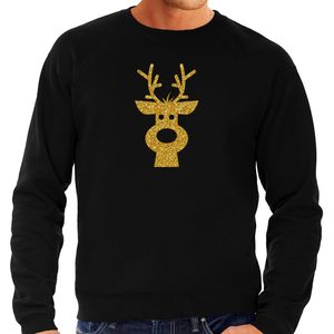 Rendier hoofd Kerst sweater / trui zwart voor heren met gouden glitter bedrukking 2XL  -