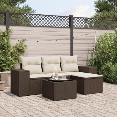 5-delige Loungeset met kussens poly rattan bruin