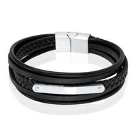 Mendes Lederen Armband voor Mannen - Zilver, Met Graveerplaat en RVS Sluiting-23cm