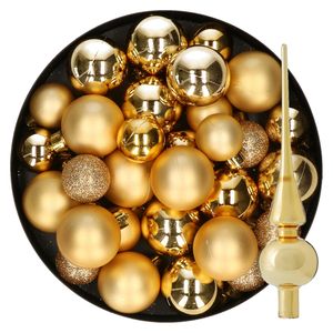 Kerstversiering kunststof kerstballen met piek goud 6-8-10 cm pakket van 47x stuks