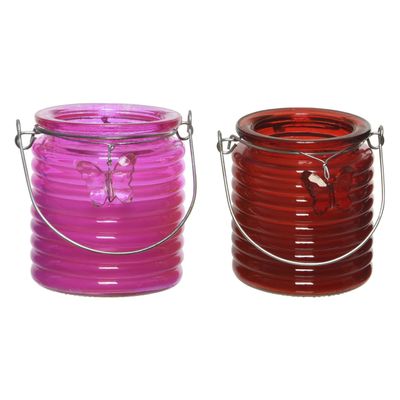 Citronella kaars - 2x - in windlicht - roze en rood - 20 branduren - citrusgeur