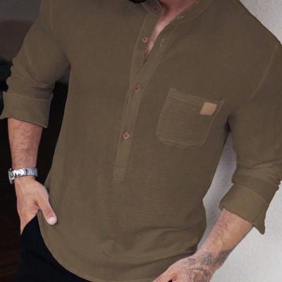 Bon&Bon Men's White Long Sleeve Button Up Shirt | Loose Fit Stand Collar Brown / M