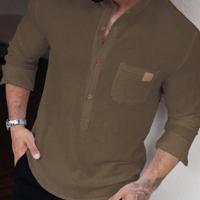 Bon&Bon Men's White Long Sleeve Button Up Shirt | Loose Fit Stand Collar Brown / M