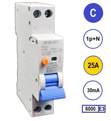 Aardlekautomaat 25A C Kar 30mA 18mm breed Kema Keur 230V automaat en aardlek in een module