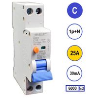 Aardlekautomaat 25A C Kar 30mA 18mm breed Kema Keur 230V automaat en aardlek in een module