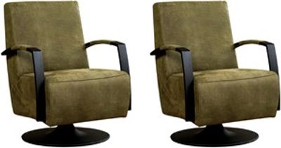 Set van 2 Olijfgroene leren industriële draaifauteuils Mood - staal zwart frame met schotelvoet - Kenia Leer Olive (olijfgroen leer)
